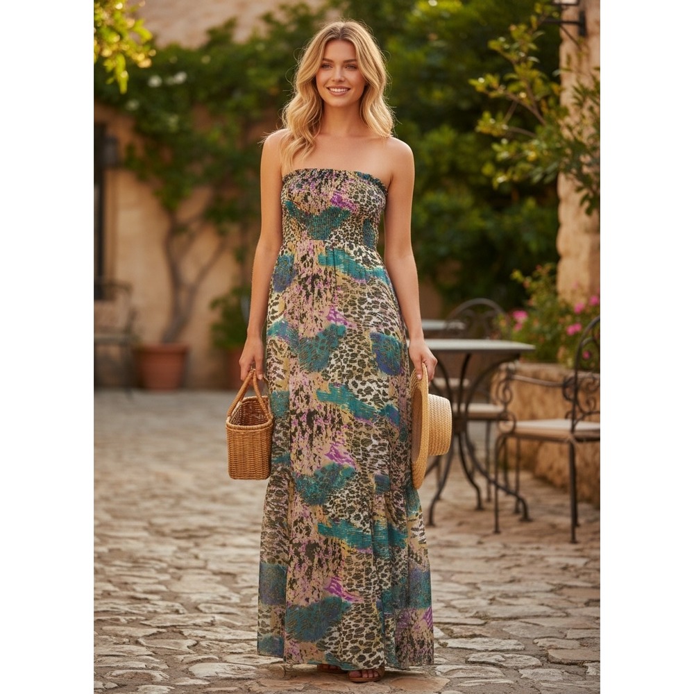 Myth NYC Womens Strapless Maxi Dress Cotton‎ Smocked Animal Print Multicolor M